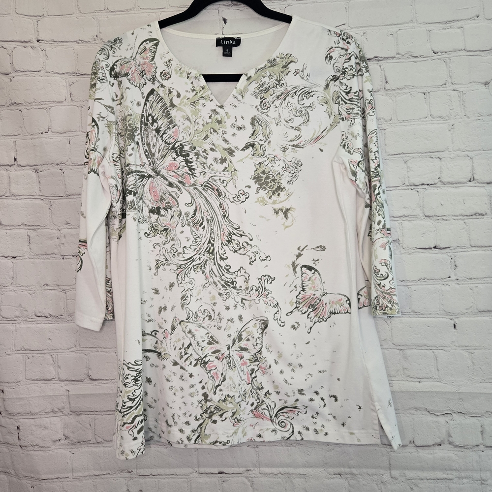 Links White and Pink‎ Whimsical Butterfly Print Tunic Boho Euro Size Small Y2k